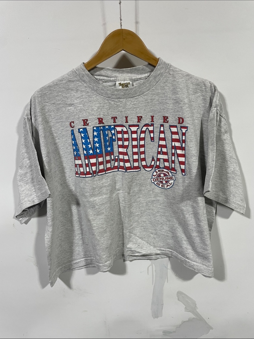 Vintage 90s Certified American Graphic Tee - Gray Short Sleeve Crop